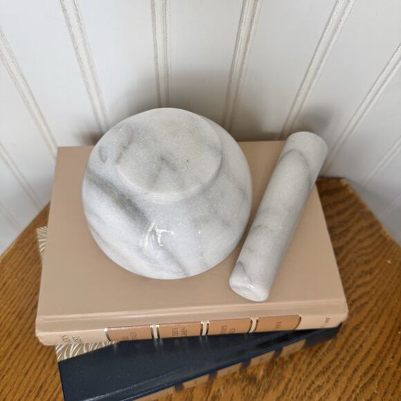 Marble Mortar and Pestle Apothecary Heavy White & Grey Herbs Spices Classic - Picture 4 of 4